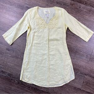 Anthropologie Malvin Shirt Women 10 Yellow 100% Linen Tunic 3/4 Sleeve Beachy